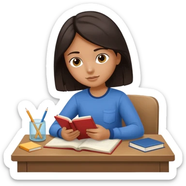 A student with dark hair is reading a book and taking notes in a notebook. There are also papers and textbooks on the table. sticker