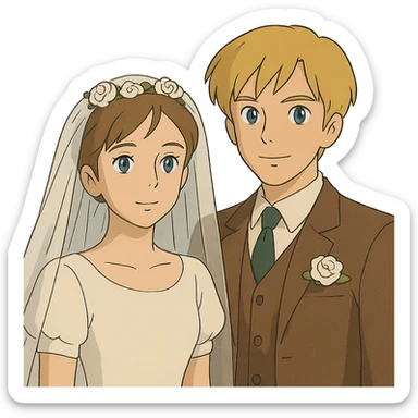 ghibli style portrait of a bride with light brown hair and grey-blue eyes, and a groom with blonde hair, blue eyes, wearing a brown suit sticker