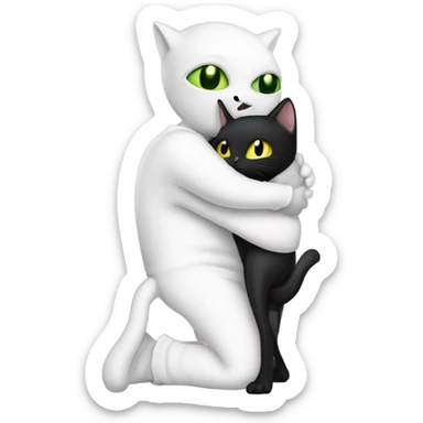 Reptilian alien woman meditation white pajamas, hugs a black white cat sticker
