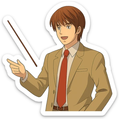 Light Yagami in Ghibli style, standing and pointing a teacher's stick to the right, confident expression, transparent background. sticker