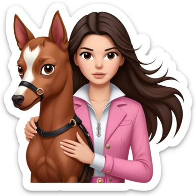 brunette Kendall Jenner with long hair holding on the hands a red Chihuahua, and behind them a bay horse with a short black mane, a thin white stripe on the muzzle, brown eyes wear on pink riding clothes  sticker