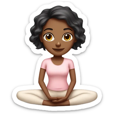 black long wavy hair and brown eyes with medium skin yoga girl in light pink clothes sitting on a yoga mat  sticker