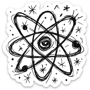 atomic symbol, black and white, chaotic outlined icon sticker