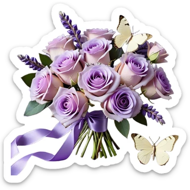 An artistic flat lay composition featuring a bouquet of soft light violet Ascott tea roses with dewdrops glistening on their petals, set against a velvety deep purple background. A delicate lavender butterfly, with translucent wings shimmering in soft light, flutters nearby. A luxurious ivory silk ribbon flows through the arrangement, its texture smooth and refined. Beside it, a beautifully crafted vintage-style perfume bottle in an iridescent pearl color, embellished with intricate floral engravings, completes the enchanting aesthetic sticker