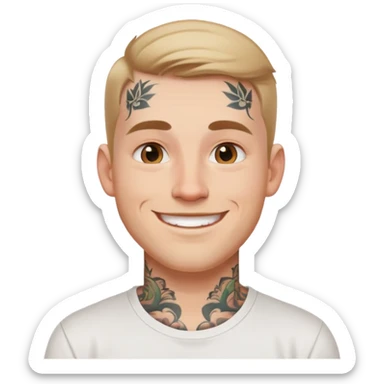 white man with small face tattoo, smiling, wearing a white t-shirt sticker