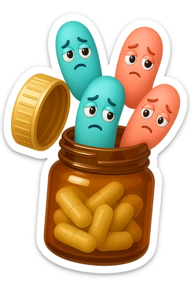 EMOJI STILE IPHONE DI UN barattolo di PROBIOTICI APERTO DA CUI ALL'INTERNO ESCONO BATTERI INTESTINALI TURCHESI E ROSA SALMONE CON ESPRESSIONE DUBBIOSA IN VOLTO, IPERREALISTICO 4K sticker