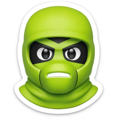 bearbrick toy wearing a lime green balaclava with angry aggressive thick eyebrows showing above the mask sticker