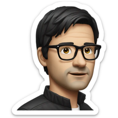 Hyper realistic Ralf Hutter from Kraftwerkn, short straight black hair, black glasses, thin, white BMW sticker