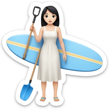 Princess who wearing white dress (woman) black hair holding her phone with her hand and holding long shovel with another hand. Under her feet, there is one blue surfing board. sticker