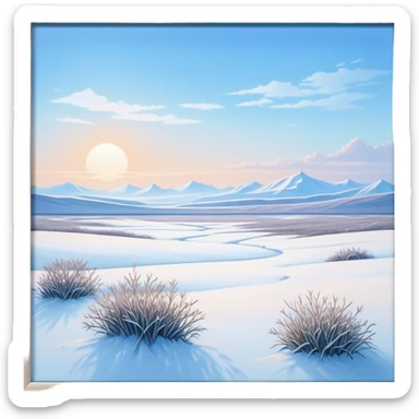 Cinematic Realistic Tundra Emoji in a wooden frame, Vast and cold, with wide expanses of snow-covered ground, sparse grasses poking through, and the occasional hardy shrub breaking up the pale white landscape. The sky above is a pale, frosty blue, and the light reflects off the snow, creating a serene yet starkly beautiful environment. Soft glowing outline, capturing the essence of a quiet, still, frozen wilderness where life endures despite the harsh conditions. sticker