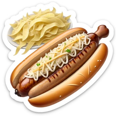 Bratwurst Cinematic Realistic Bratwurst Dish Emoji, depicted as a grilled bratwurst topped with a generous serving of shredded sauerkraut, rendered with rich textures and dynamic, appetizing lighting. sticker