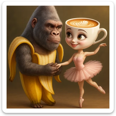 Combine the gorilla-banana character and the coffee-cup ballerina character as a couple in a new, stylish pose. Make them look affectionate and playful, keeping their original styles and colors. Place them together in a creative, dynamic pose that shows their connection as a couple, preserving the distinct features and colors of both characters. sticker