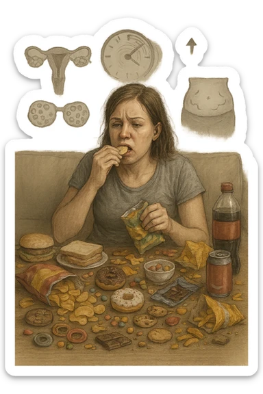 Donna tra i 25 e i 35 anni seduta sul divano o a un tavolo disordinato, circondata da cibi sparsi e poco sani: patatine, dolci, pane bianco, snack confezionati, bibite. Mangiando di fretta, ha un’espressione stanca e frustrata. Intorno a lei, in trasparenza o come illustrazione simbolica, si vedono gli effetti della PCOS peggiorata: ovaie con cisti multiple, squilibrio ormonale (↑ insulina, ↑ androgeni), gonfiore addominale. Sullo sfondo, orologio che corre o caos visivo che comunica disorganizzazione alimentare. Colori spenti e atmosfera stanca. Stile realistico con elementi simbolici e informativi. sticker