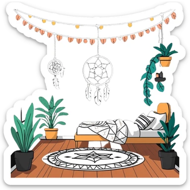 boho bedroom with hanging plants, dreamcatcher, fluffy rug, and string lights sticker