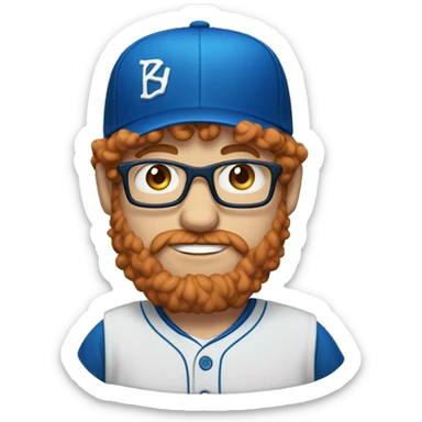 35 year old, male, short curly red hair, pale, thick beard, blue eyes, glasses, blue baseball hat sticker