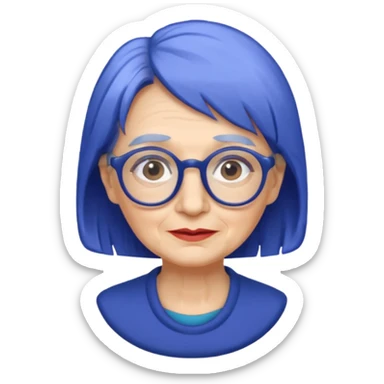 old lady with cobalt hair, wearing glasses, long face sticker