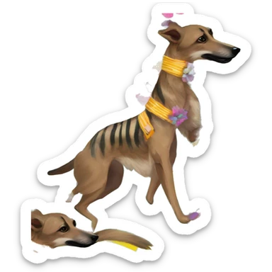 brindle brown black maroon striped lurcher Alsatian fox running blue eyes and iridescent holographic oilslick harness wearing paper iridescent tropical flower crown yellow caution tape sticker