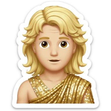 Apollo from Greek Gods with long blonde wavy hair, gold sequin toga sticker