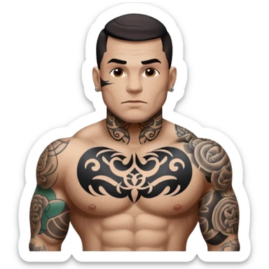 tattoo man, white skintone, more highlight the tattoo, body builder, heavy tattoos on fully chest, more tattoos on the body, more visible tattoo, big tattoos, tattoos on face. sticker