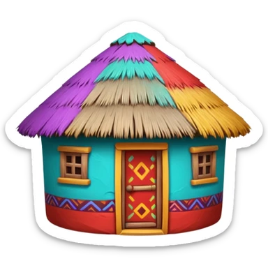 African mud hut tribal house, round adobe clay hut, thatched roof, bright colorful paint, walls in turquoise, red, yellow, purple, tribal patterns, cute mobile game icon, 3D cartoon, soft shadows, clean background, no text, no watermark sticker