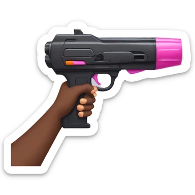 brown hand with pink nails holding large scary dark nerf gun sticker