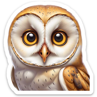 Cinematic Comical Barn Owl Portrait Emoji, Head tilted dramatically with an exaggeratedly amused expression, featuring a striking mottled plumage with bold contrasts, wide, expressive amber eyes filled with playful disbelief, Simplified yet hilariously expressive features, highly detailed, glowing with a slightly sassy glow, high shine, dramatic yet playful, stylized with an air of cheeky nocturnal mischief, bright and endearing, soft glowing outline, capturing the essence of a spirited and over-the-top owl, so meme-worthy it feels like it could hoot its way into internet fame instantly! sticker