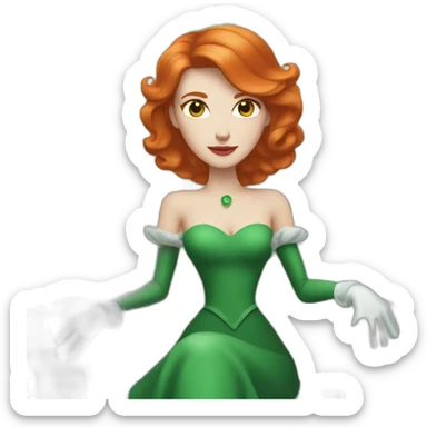 white skin redhead queen with straight hair wearing white gloves on her throne, wearing a green dress sticker