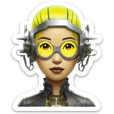 Neon yellow bobbed hair Asian female cyborg head with silver steampunk goggles and circuits sticker