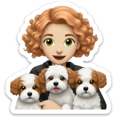 red haired girl with green eyes with her black and white Maltipoo dogs sticker