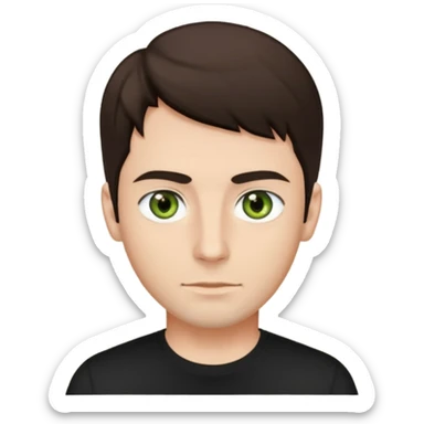 A man with olive green eyes, dark brown hair, fair skin tone, wearing a black shirt  sticker