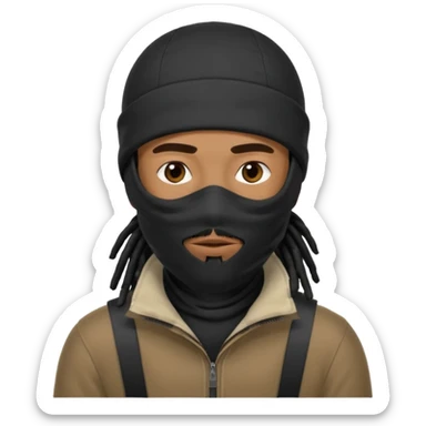 African American man with shoulder length black dreadlocks with black beard wearing a ski mask covering face sticker