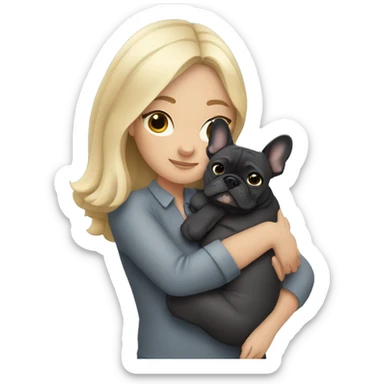 Blonde woman with dark hair hugging dark gray french bulldog sticker