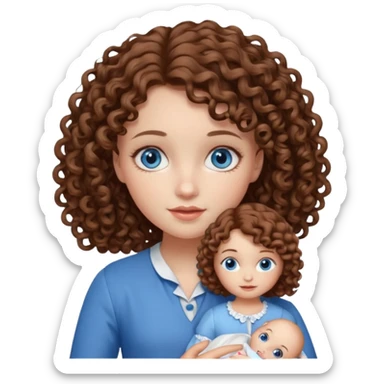 Una niña con ojos celestes y pelo rizado con piel blanca y con una muñeca  sticker