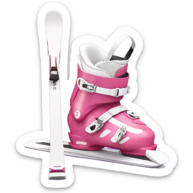 Pink ski boots and white standing skis behind boots sticker
