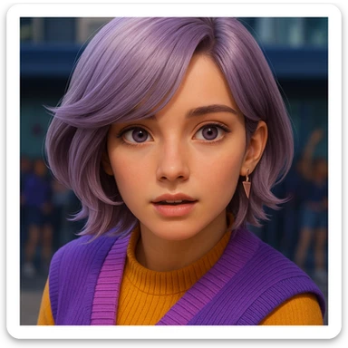 Move the hair away from the face to reveal the eyes, and add natural-looking eyes that match the character's style and expression. Keep the rest of the image unchanged. The style should match the original image's style and expression. sticker