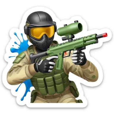 A paintball player in full gear, aiming a paintball gun with focus and determination. The scene includes vibrant splashes of paint and a dynamic battlefield setting, emphasizing action, strategy, and teamwork in a competitive environment sticker