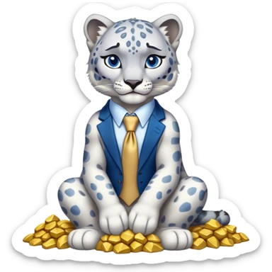 muscular snow leopard in suit with blue tie sitting on pile of gold nuggets sticker