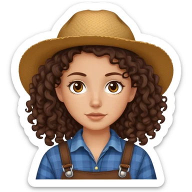 white girl with dark brown curly hair, brown eyes, wearing farm clothes sticker