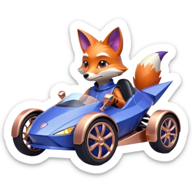 dark crystal blueberry and rosegold-accented cyber faceted-body electric racing car driven by a small cute alien relaxed fox with rear spoiler, roll bar, and wheely bar sticker
