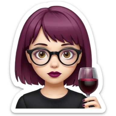 Emoji girl that has mid length brown shaggy cut hair with baby bangs, has hazel eyes and wears half transparent glasses, she is goth and wears wine colored lipstick sticker