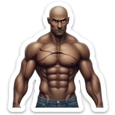 A muscular man with veins visible across his chest, but his arms are extremely thin, creating a striking contrast with his well-defined six-pack. His exaggerated physique, with unusually thin arms, creates a surreal and intense visual. sticker