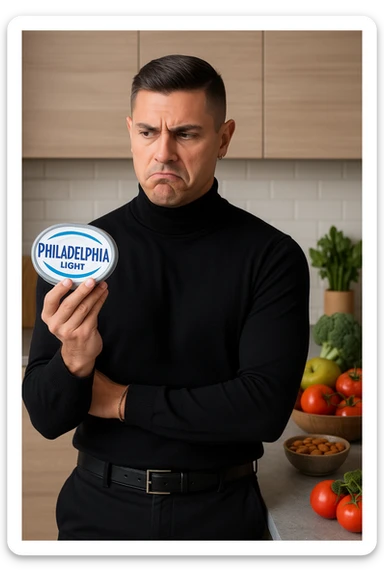 a man stands in his kitchen, holding a tub of Philadelphia Light cream cheese in one hand. He looks at it with a skeptical, slightly disapproving expression, eyebrows furrowed and lips pursed. The background shows a modern kitchen with healthy food options visible on the counter, emphasizing his awareness of better choices. The mood is reflective and subtly critical. sticker