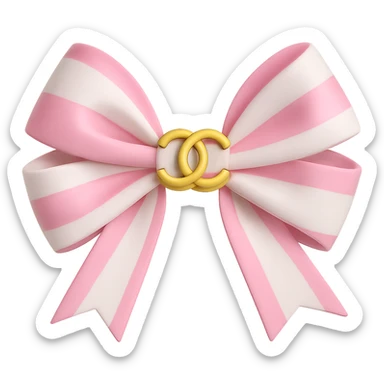 Change the bow to pink and white, keep the gold Chanel logo, shiny, elegant, 3D emoji style. Remove the background. sticker