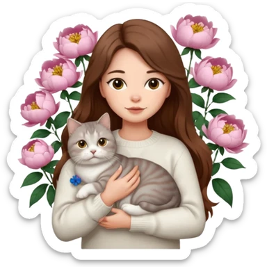 pretty woman a long hair brown color Wear a white sweater holding a British shorthair fat cat fluffy golden in a peony sticker