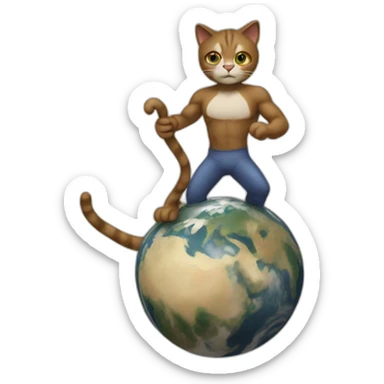 high definition, a cat man uses a leverage to lift the Earth sticker