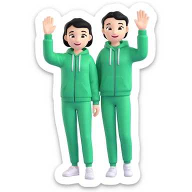 main character from Squid Game wearing green tracksuit, short black hair, smiling, waving hand sticker