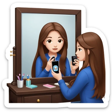 Girl sitting at vanity taking out picture with iphone 15 plus in the mirror and study materials on the vanity sticker