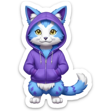 Blue garurumon-purloin-feline-Fakemon-Digimon-creature wearing a violet hoodie fursona (full body)  sticker