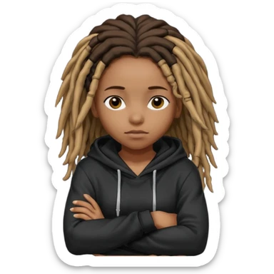 African American girl with dreadlocks wearing a plain black hoodie with her arms folded across her chest sticker