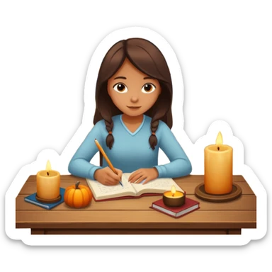 Girl writing in a journal on a desk with a candle on it next to a window with fall scenery sticker